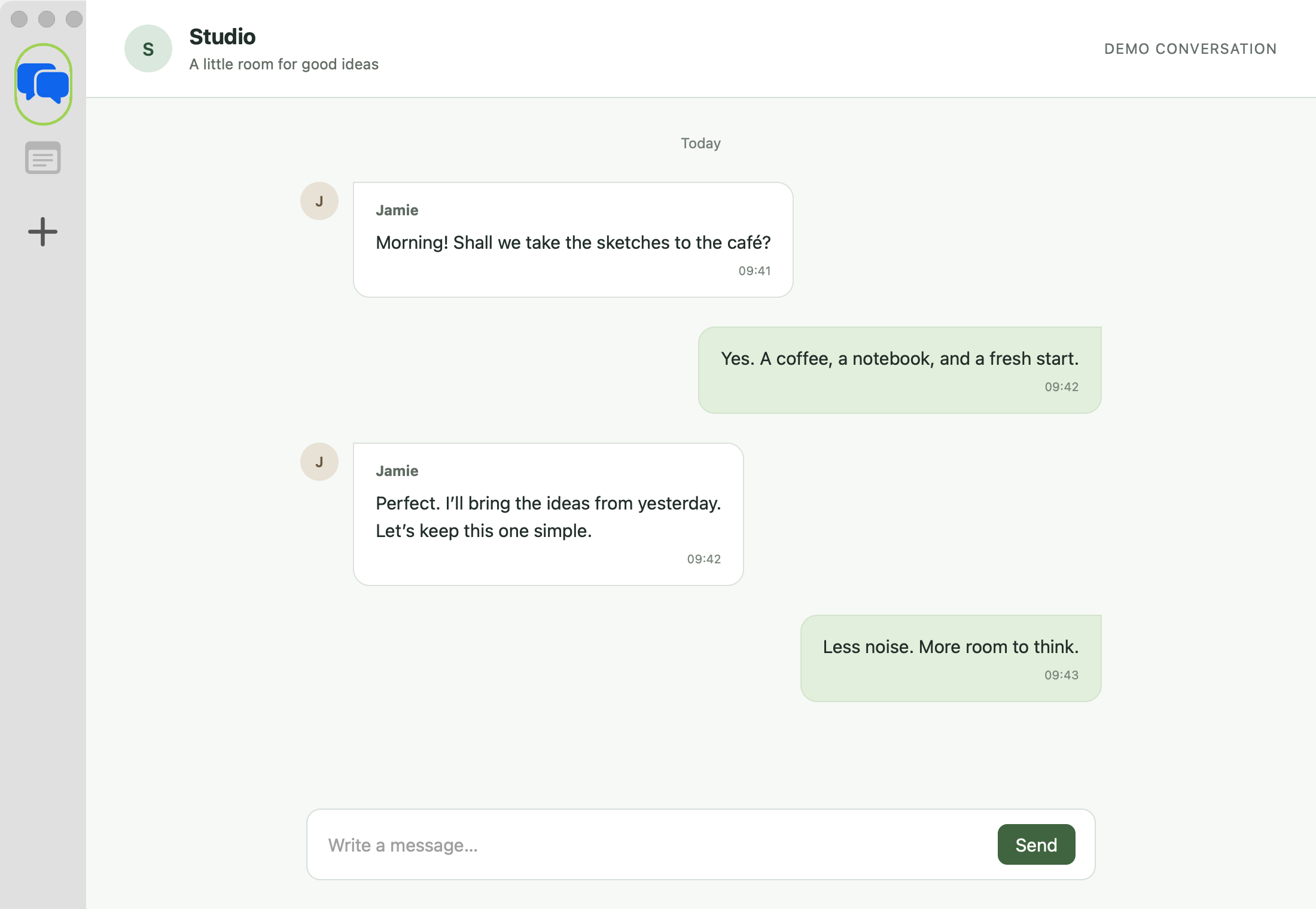 The Wasabi Mac app with its native service sidebar and a local demo conversation